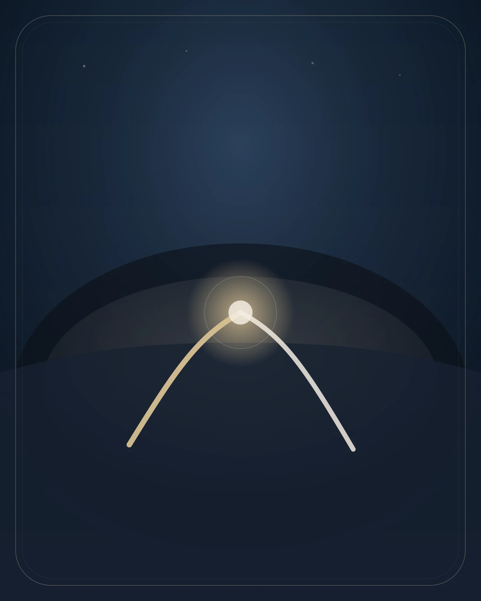 A dark metallic miniature horizon where one bright source divides into two luminous paths, expressing a civilizational fork between rival futures.